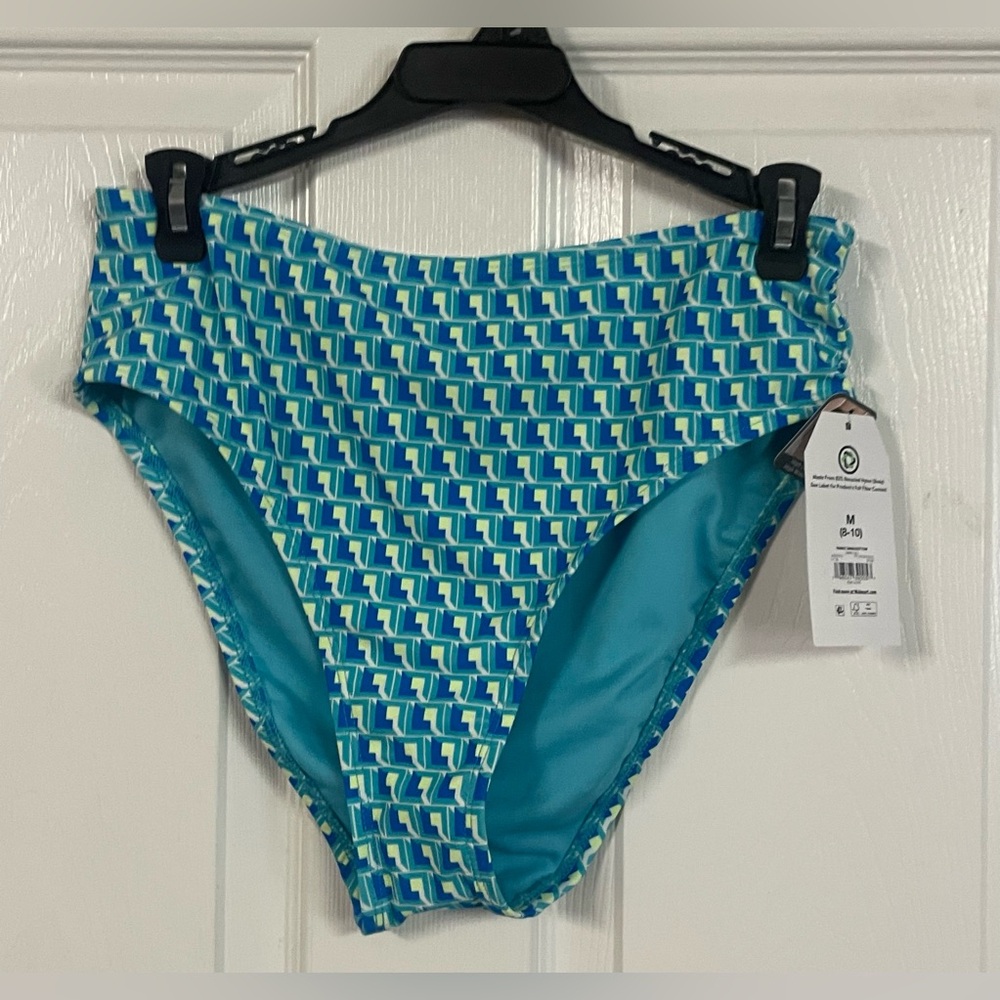 NWT Time and Tru High Waist Geo Print Bikini Bottoms Size M Teal Blue Swim - Picture 6 of 11